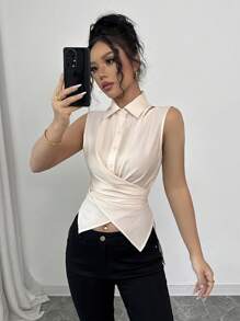 Elenzga 休闲纯色交叉裹身系带前无袖衬衫 - 杏色 - 查看 1