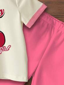 SHEIN Leap Crew Cute Cherry Printed Pink Baby Girl Casual Crew Neck Short Sleeve T-Shirt And Flare Pants Set, Spring/Summer - Multicolor - View 5