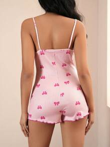 Mono de tirantes con estampado de lazo y encaje en contraste, corte ceñido y adorable para niñas