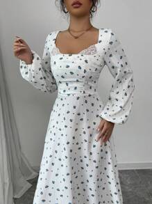 Modelyn Women's Woven Floral Print A-Line Gathered Waist Ruffle Hem Slim Fit Dress, Blue Fall Cloth For Women - Blue - View 1