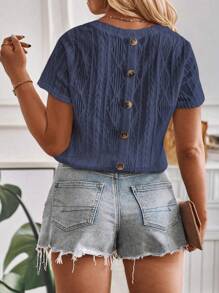 INAWLY Plus Size Round Neck Raglan Shirt With Rhombus Pattern Jacquard Fabric Back Button Closure T-Shirt