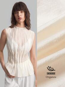 Ontre Women's Four-Season White Vacation Top, Semi-Transparent Round Neck Sleeveless Pleated X-Shaped Top, Autumn Clothing, Outdoor Clothing, Elegant Tops For Women - Apricot - View 2