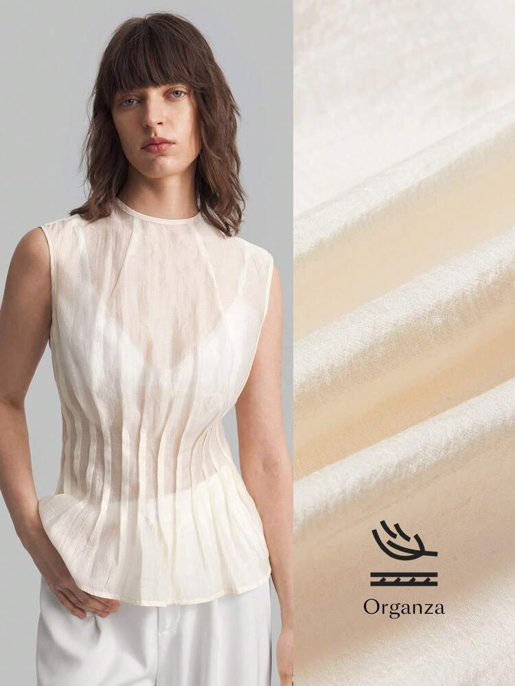 Women's Off-White Elegant Round Neck Sleeveless Pleated X-Shaped Top,Semi-Transparent Summer Vacation Clothing For Dining & Outdoor,Four-Season Tops