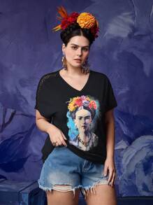 Frida Kahlo X SHEIN Plus Size Letnia, swobodna, kontrastowa, koronkowa, graficzna koszulka T-shirt