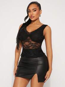 SHEIN SXY Solid Black Sexy Lace See-Through Tank Top, Versatile Layering Piece, Suitable For Music Festivals, Everyday Wear, Parties, Clubs, Dates, Vacations, Beaches, Swimsuit Cover-Ups, Spring/Summer
