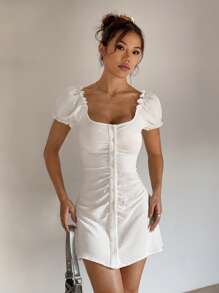 SHEIN Unity Fashionable Square Neck Puff Sleeve Cinched Waist Slim A-Line Summer Dress For Women - White - View 4