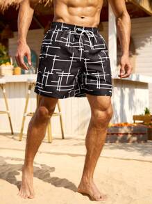Manfinity Swimmode Pantalones cortos casuales de playa para hombres con cintura con cordón y estampado de líneas
