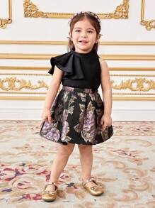 SHEIN 2 件装女婴优雅花卉印花上衣和 A 字裙套装，夏季 - 黑色 - 查看 4