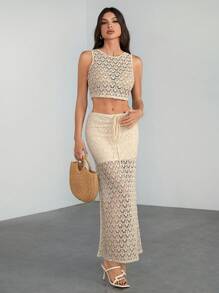 SHEIN Tall Women's Holiday Knitted Imitation Crochet Vest Slit Skirt Suit, Music Festival, Music Festival Wear, Bohemian