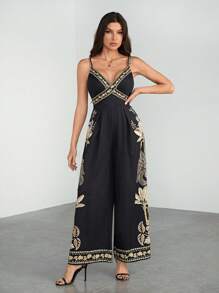 SHEIN Tall 女士波西米亚风香蕉树和椰子树印花无袖黑色长款连体裤假日休闲海滩夏季连体裤 - 彩色 - 查看 7