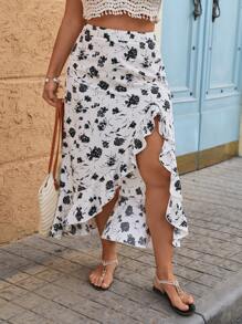 SHEIN VCAY Falda con vuelos, estampado floral y abertura en talla grande