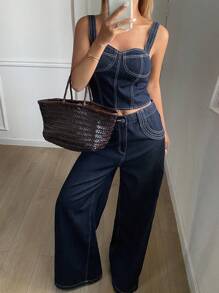 DAZY Women's Solid Color Cropped Tank Top & Wide Leg Jeans Set Summer - Blue - View 1