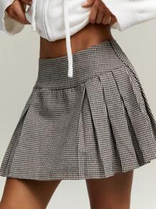 Athîral Women Brown Houndstooth Print Pleated Mini Casual Skirt Spring/Summer - Khaki - View 1