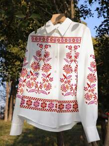 Comfortcana Vintage Floral Pattern Women's Wrinkle-Resistant Soft Satin Blouse, Suitable For Spring And Summer - White - View 4