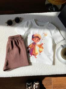 SHEIN 2 Peças/Conjunto Bebê Menino Estampa de Desenho Animado Malha Macia Gola Redonda Manga Curta Top e Conjunto de Shorts Cintura Elástica de Cor Sólida - Multicolorido - Visão 3