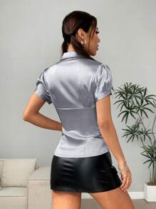 Flirla Silver Gray Waist Cinched Casual Elegant Women's Short Sleeve Shirt