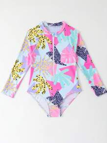 SHEIN Young Girl 2025 New One Piece Printed Swimsuit, Zipper Long Sleeve Beachwear, Vacation Swimwear Summer Holiday - Hot Pink - View 5