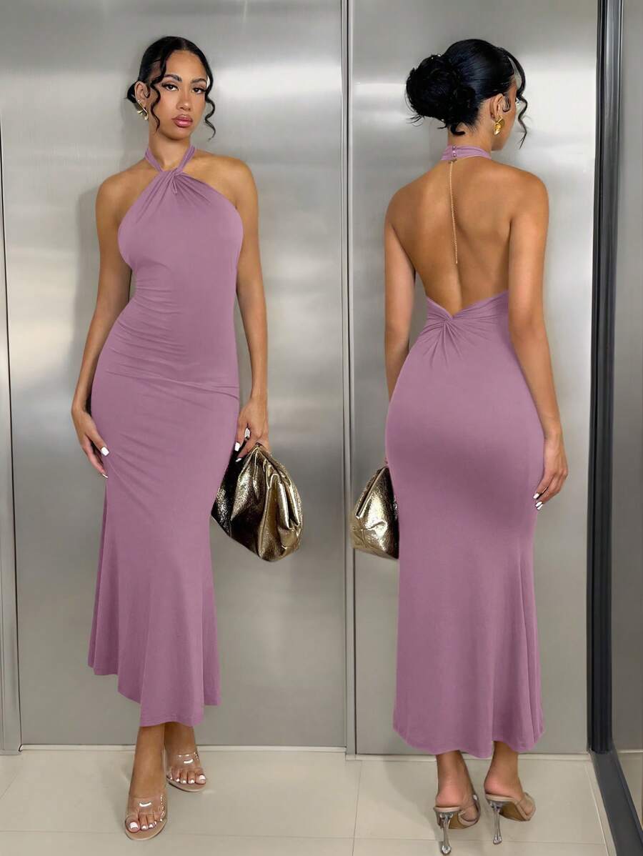Glamine 1 件女式纯色优雅吊带扭背长款紧身连衣裙长款女式服装