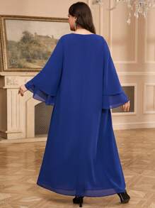 Al Najma فستان ماكسي أنيق مزين بالكريستال للنساء ذوات المقاسات الكبيرة، بأكمام على شكل جرس في أسلوب تركي وعربي، كفتان متواضع - الأزرق - مشاهدة 2