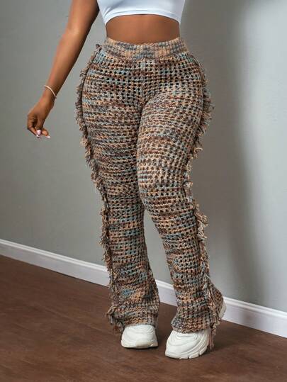 Slaydiva Pantalones campana de punto con flecos largos de mujer, estilo de moda casual de streetwear, nueva colección Otoño/Invierno 2024