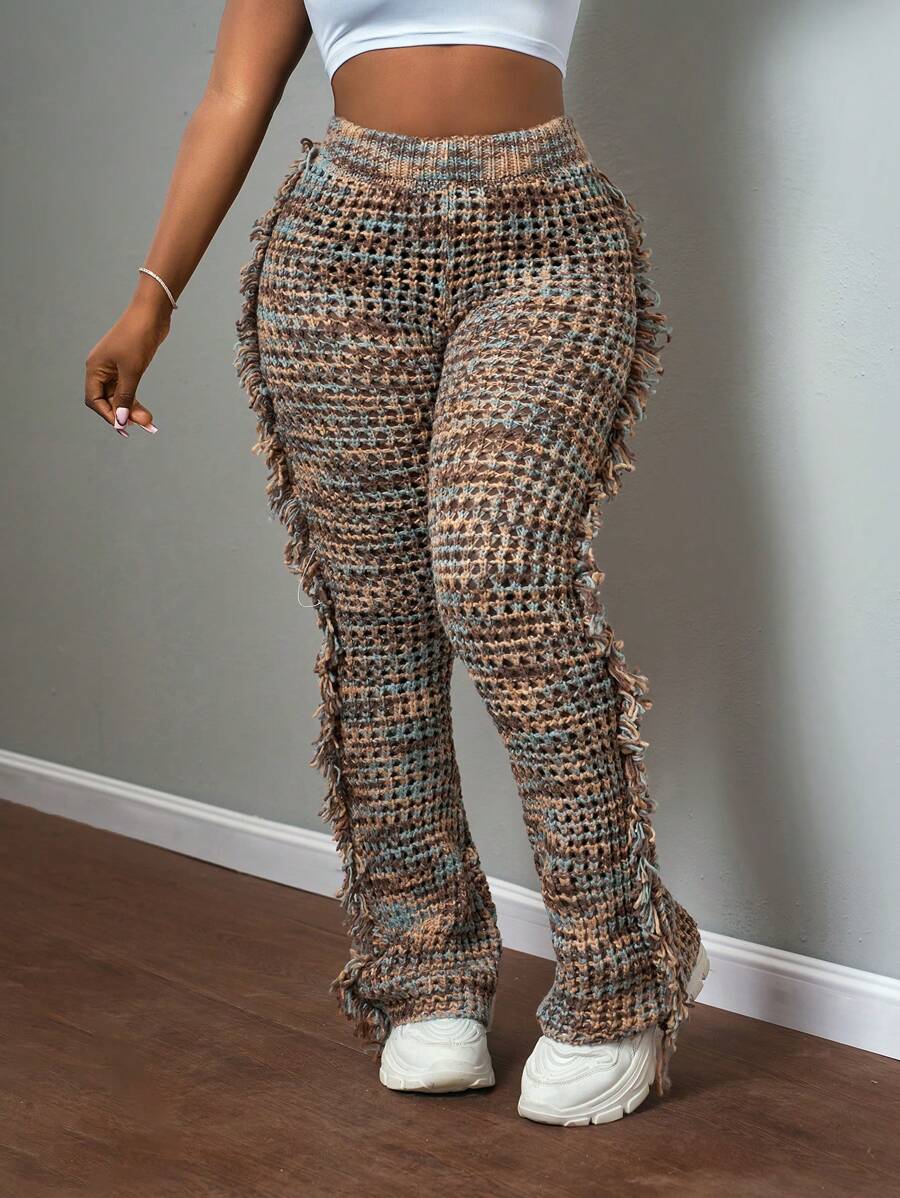 Slaydiva 2024 新款秋冬女式长流苏针织喇叭裤，休闲街头时尚风格 - E