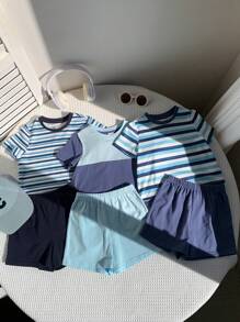 SHEIN Leap Crew 6pcs/Set Baby Boy & Girl Summer Casual Versatile Knit Patchwork Short Sleeve T-Shirt & Shorts Sets, Suitable For Spring/Summer Indoor & Outdoor Wear - Blue - View 4