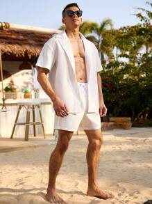 Manfinity Swimmode 男士纯色短袖衬衫和短裤沙滩装套装