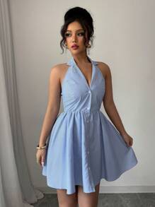 SHEIN Elenzya 女式翻领单排扣休闲条纹迷你连衣裙 - 藍白色 - 查看 6