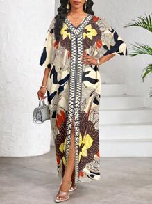 SHEIN Lady Women Floral Print V-Neck Short Sleeve Straight Casual Dress For Holiday Women Dresses Women Clothing Dresses Beach Wear For Women