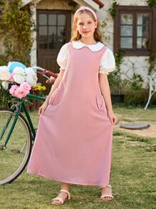 SHEIN Conjunto formal de 2 piezas: Camisa blanca con cuello Peter Pan y mangas abullonadas + Vestido maxi rosa con textura y bolsillo para niñas, primavera/verano - Multicolor - Ver 1