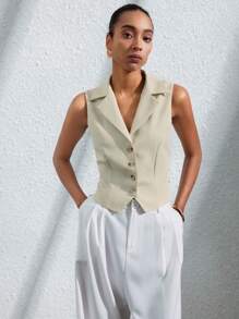 Aveloria Modichic 时尚通勤单排扣翻领无袖背心，收腰，显瘦，女式上衣可分层搭配 - 米色 - 查看 2