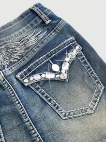 ROMWE J-Fashion Y2K Style Low Waist Butterfly Embroidered Rhinestone Decor Women Denim Mini Skirt - Blue - View 4