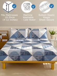 3Pcs Fitted Sheet Set, 80g Polyester Brushed, Geometric Pattern, 1 Fitted Sheet + 2 Pillow Cases