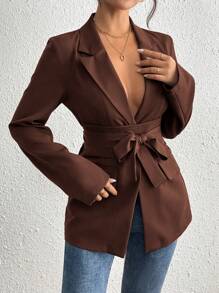 SHEIN PETITE Fashion Office Lady Solid Color Tie-Waist Jacket Fall Cloth For Women