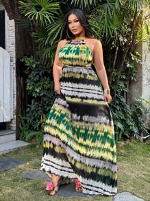 SHEIN SXY Plus Size Women's V-Neck Backless Tie-Dye Ruffle Print Dress,Green,Summer,Boho,Vacation,Holiday,Casual Beach Outfits,Cute Date Night Streetwear - Multicolor - View 1
