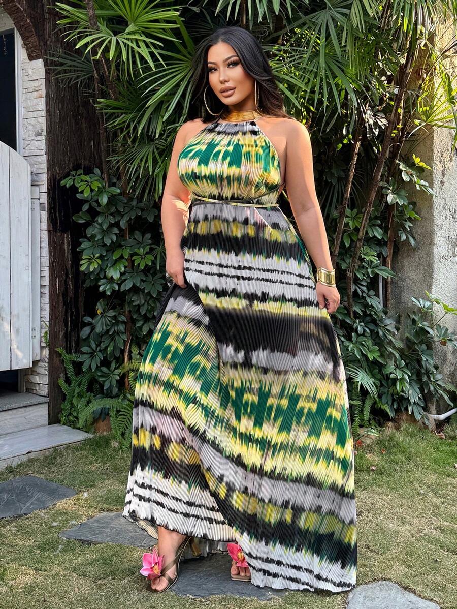 SHEIN SXY Plus Size Women's V-Neck Backless Tie-Dye Ruffle Print Dress,Green,Summer,Boho,Vacation,Holiday,Casual Beach Outfits,Cute Date Night Streetwear - Multicolor - View 1