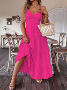 SHEIN Clasi Plus Size Women Summer Solid Color Multi-Layer Ruffled Hem Long Cami Dress Maxi Women Outfit - Hot Pink - View 4