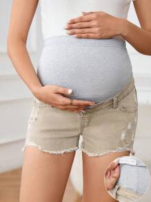 SHEIN Maternity Contrast Color Adjustable Waist Pocket Ripped Casual Denim Shorts - Khaki - View 1