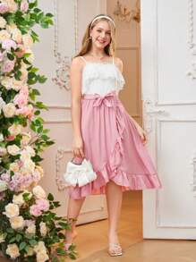 Teen Girl Summer Casual Elegant Adjustable Strap Dress With Asymmetrical Ruffle Hem And Belt - Pink - View 5