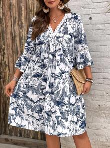 SHEIN VCAY Plus Size Women Vacation Lace Patchwork Floral Print Dress Boho Dresses For Women Casual Dresses For Woman,Vacation Outfits Women,Vintage,