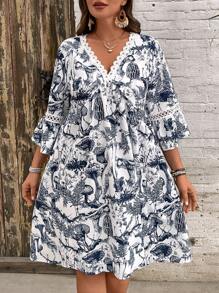 SHEIN VCAY Plus Size Women Vacation Lace Patchwork Floral Print Dress Boho Dresses For Women Casual Dresses For Woman,Vacation Outfits Women,Vintage,