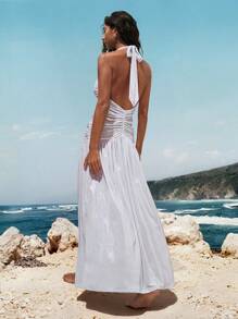 Opulessa Robe en tricot à encolure en V sans dos, couleur unie, style bohème boho pour festival, tenue pour vacances d'été pour femmes - Blanc - Voir 2