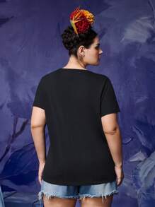 Frida Kahlo X SHEIN Plus Size Letnia, swobodna, kontrastowa, koronkowa, graficzna koszulka T-shirt