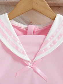 SHEIN Vestito da bambina stile marinaio, design gonna a-line per indossare comodamente, decorazione elegante a farfalla, primavera/estate - Multicolore - Visualizzare 4