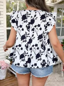 Flirla Chemise à manches courtes à imprimé floral noir pour femmes grandes tailles, style vacances - Noir et Blanc - Voir 3