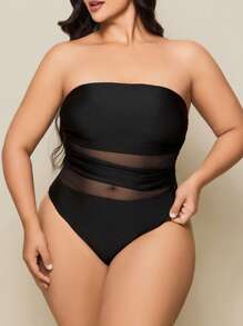SHEIN Swim Curve Plus Size One Piece Swimsuit With Ruched Mesh Panel, Solid Color, Casual Style For Women, For Summer Beach Vacation - Black - View 5