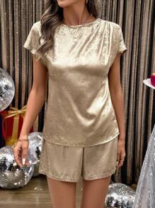 Breezaya Women Metal Feel Pleated Short Sleeve Shorts 2 Pieces Set, Holiday Leisure Wear