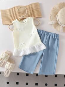 Baby Girl Cute Bow Decor Sleeveless Tank Top And Casual Pants Set, Summer