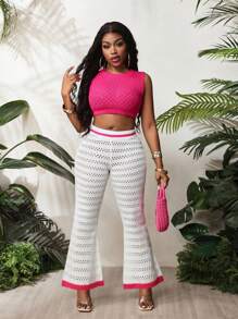 BamGleam Set de 2 piezas con top sin mangas y pantalones de pierna ancha para mujer, de punto suelto con cuello redondo, en color rosa rojo y blanco, para primavera y verano - Rosa Fucsia - Ver 5
