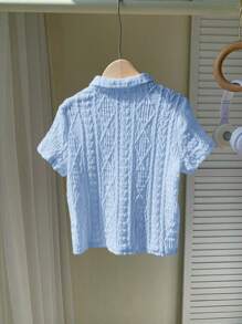 SHEIN Leap Crew 1 件年轻男孩宽松休闲提花翻领短袖衬衫 - 淺藍色 - 查看 2